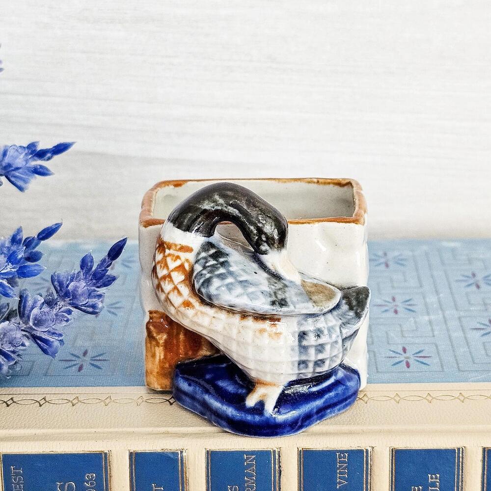 Vintage Glazed Ceramic Planter Duck Planter Match Toothpick Holder Made in Japan